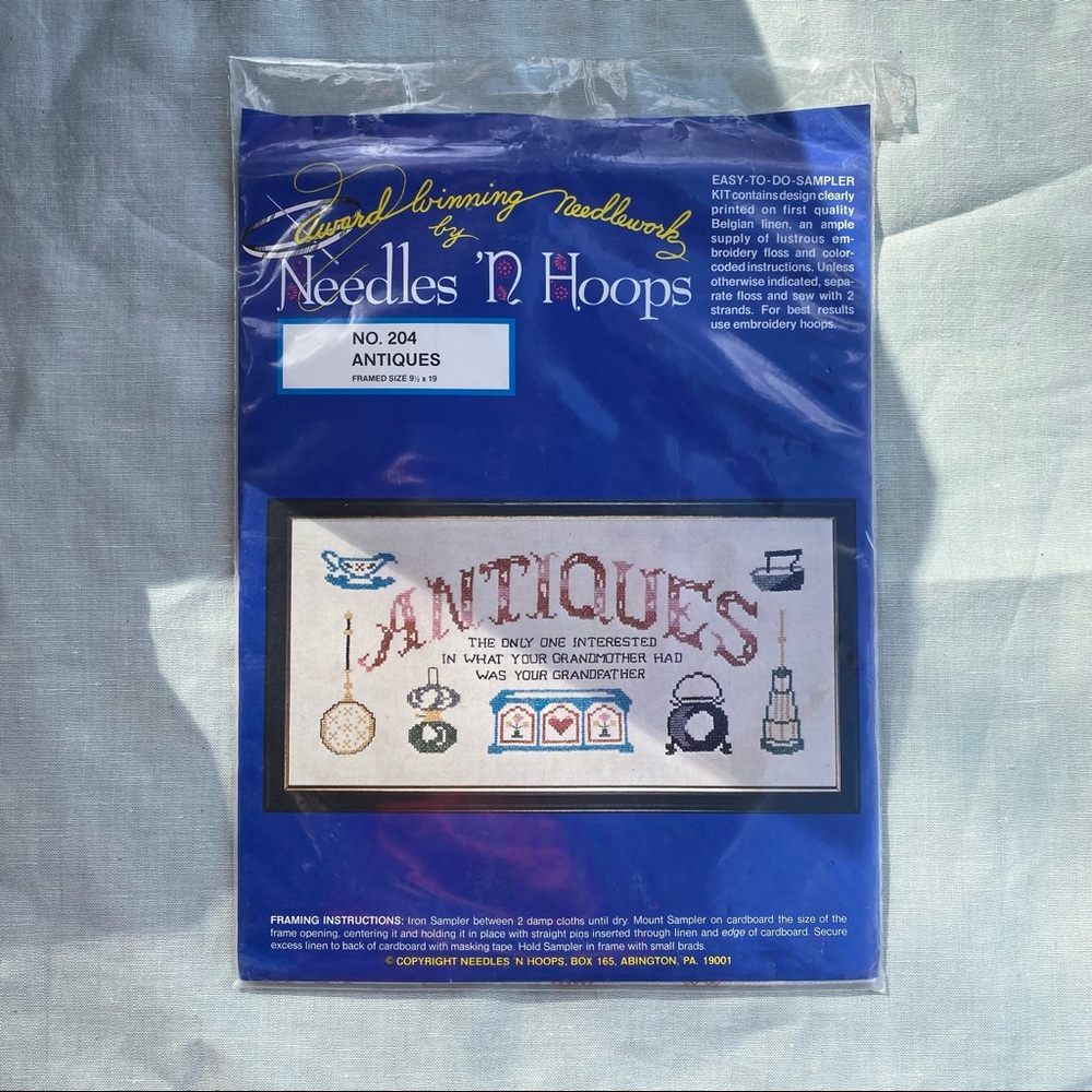 NWT vintage Needles 'n Hoops Antiques cross stitch linen sampler kit